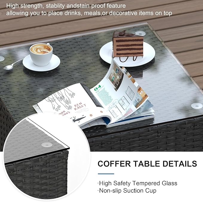 Patio Furniture Set, 5PCS Patio Sectional with Ottoman Wicker Rattan Outdoor Furniture with Thickened Cushion Modular Wicker Patio Conversation Set with Glass Top Table for Balcony, Backyard (Khaki)