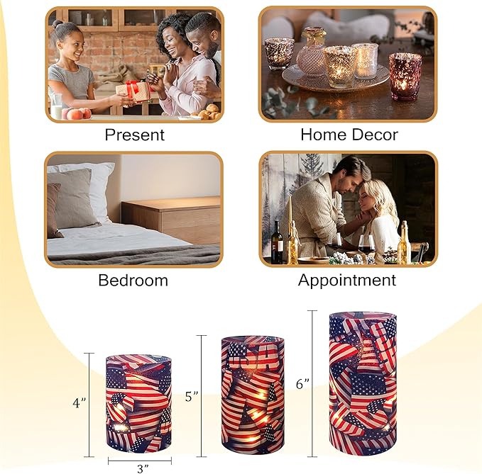 Printed Flameless Candles with String Lights - Set of 3 USA Flag Battery Operated Candle Flickering Floral LED Pillar Candles with Timer Remote for Home Decor Romantic Ambiance,Flag