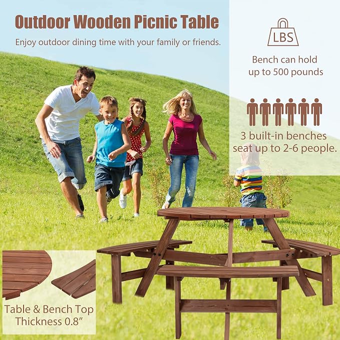 6-Person Circular Outdoor Wooden Picnic Table for Patio, Backyard, Garden, DIY w/ 3 Built-in Benches, 1720lb Capacity - Brown