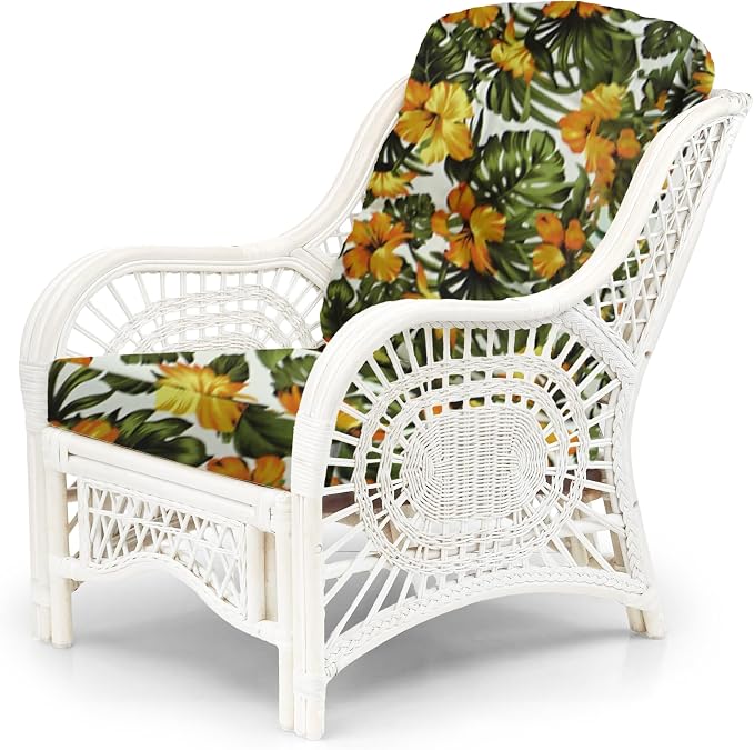 Malibu Lounge Set of 4: 2 Natural Rattan Wicker Chairs, Three-Seater Sofa with Floral Cushions and Coffee Table with Glass Handmade, White Color