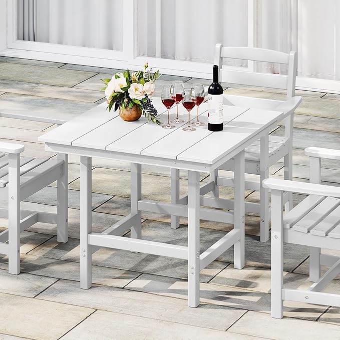 Costaelm Outdoor Patio Table, Outdoor Dining Table for 4, Weather Resistant Square Patio Table with Umbrella Hole for Garden, Poolside, Porch, White