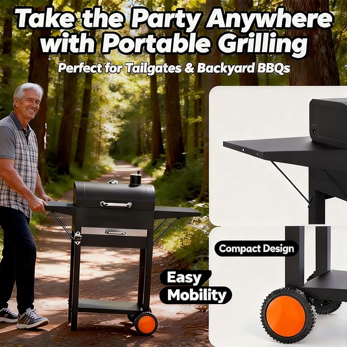 Charcoal Grills with Two Side Tables, 20-In Outdoor Smoker Barrel BBQ Grill with 334 Sq. In Cooking Area for Camping, Patio,Backyard Party, Picnic, Black