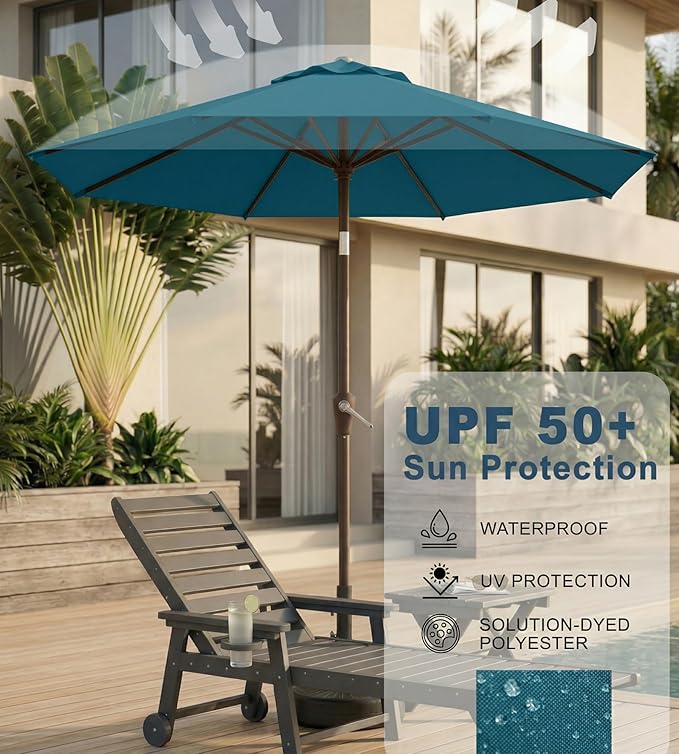 10FT Patio Umbrella, Outdoor Umbrella with Push Button Tilt and Crank, 8 Sturdy Ribs, UV Protection & Waterproof Market Umbrella for Pool, Backyard, Beach,Deck (Lake Blue)