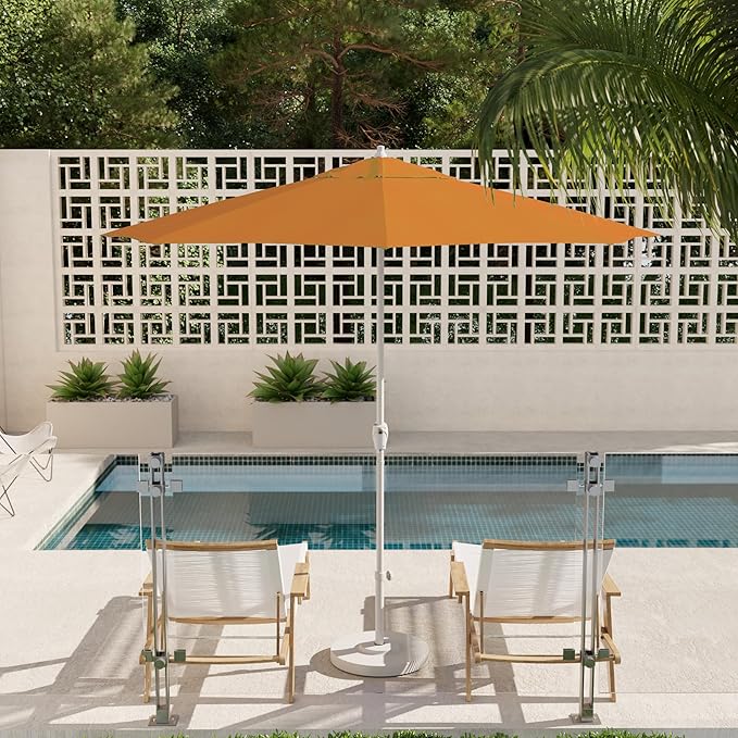 California Umbrella 12-Year Protection 9' Rd Aluminum Patio Umbrella, Crank Lift, Auto Tilt, White Finish, Sunbrella Tangerine