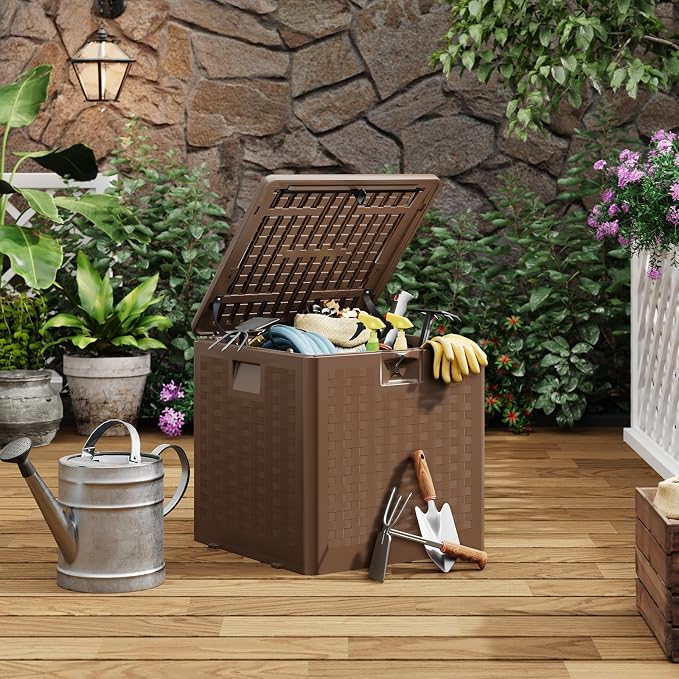 Patikuin 28 Gallon Outdoor Resin Deck Box, Weatherproof & UV Resistant Storage Bench with Lockable Lid, Handles, Imitation Rattan/Wood Pattern, Brown
