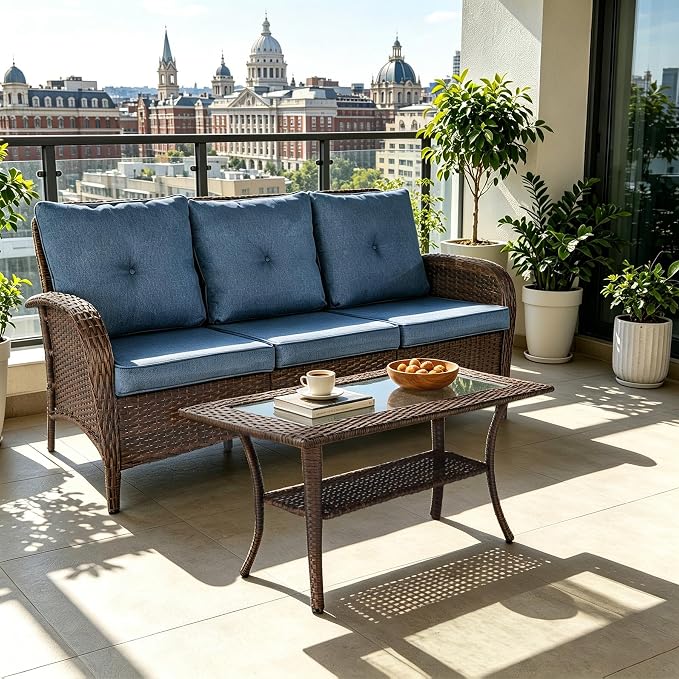 YLGJ&TIDY Outdoor Furniture 2PCS Set All-Weather Brown Wicker Patio Conversation Set 3 Seater Rattan Sofa Glass Coffee Table for Garden Backyard Porch Balcony w/Thick Cushions (Blue,2PCS Sofa/Table)