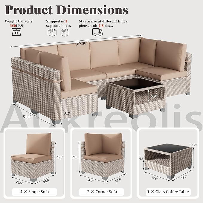 7 Pieces Patio Furniture Set, Outdoor Sectional Wicker Sofa with Thick Cushions and Storage Coffee Table, Rattan Patio Conversation Sets for Deck Yard Poolside, Khaki
