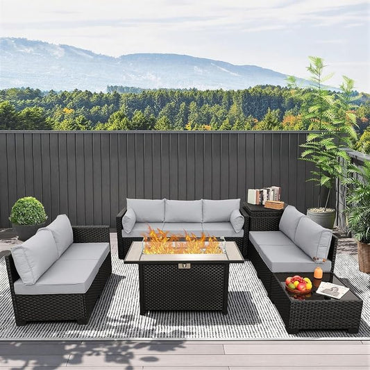 6 Piece Outdoor Furniture Sets Patio Furniture Set with 45 Inches Gas Fire Pit Outdoor Storage Box Glass Coffee Table and Waterproof Covers Anti-Slip Light Grey Cushions