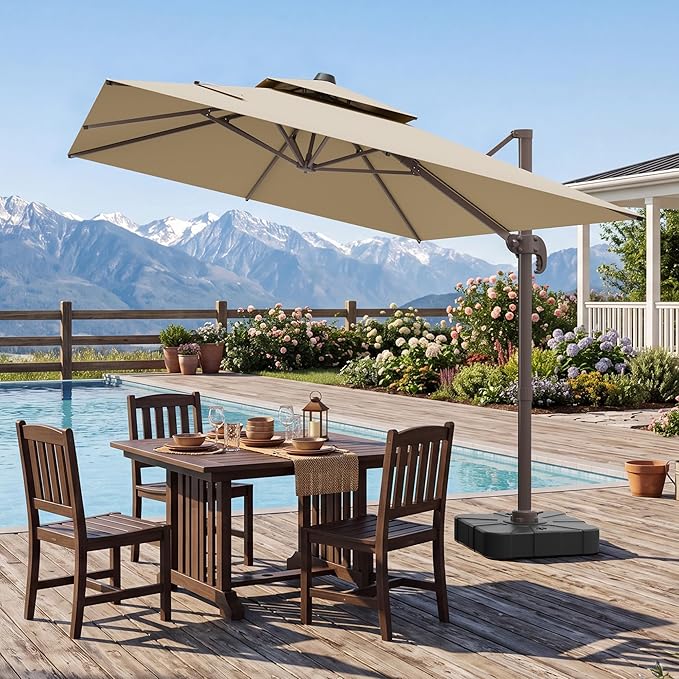 VEGOND 10x13 FT Patio Cantilever Umbrella with Base, Rectangular Heavy Duty Offset Umbrella for 8-10 People, 360°Rotation & Mult Tilt, Double Top Design, for Pool Garden Deck (Beige)