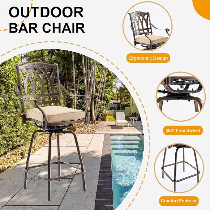 Bar Height Outdoor Table and Chairs, 3 PCS Cast Aluminum Patio Swivel Bar Set Include 31.5" Outdoor High Top Table and Barstool Set of 2 with Cushions