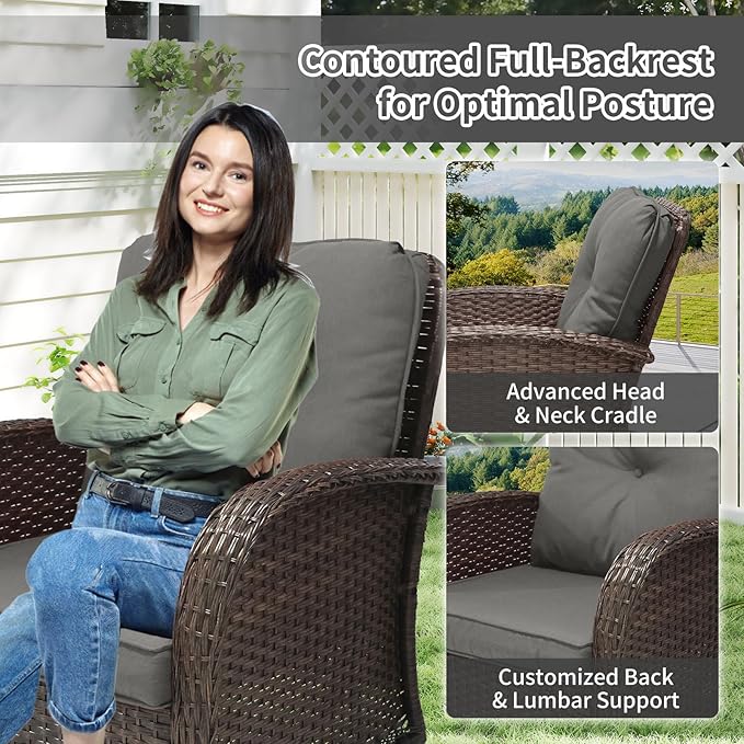 SHGJ&SOFT 3 Piece Patio Furniture Set, 2 Outdoor Swivel Rocking Chairs with Side Table, Wicker Glider Chairs, All-Weather Rattan Bistro Set for Porch, Deck, Pool (Grey, Brown Full-Weave Rattan)