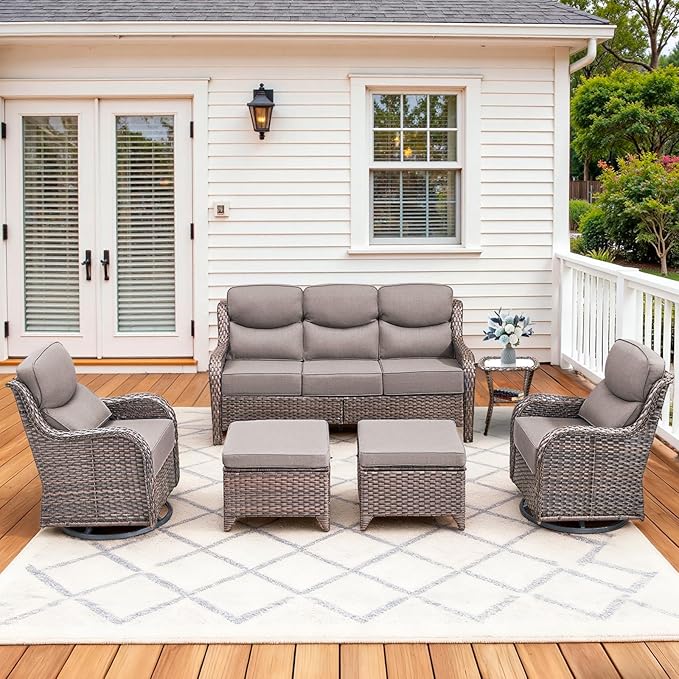 Luxury High Back Patio Furniture Set with 6-Inch Thick Cushions, 6-Pieces Outdoor Furniture with Swivel Chairs &Side Table, Wicker Conversation Set for Porch, Balcony, Deck and Yard, Brown/Grey