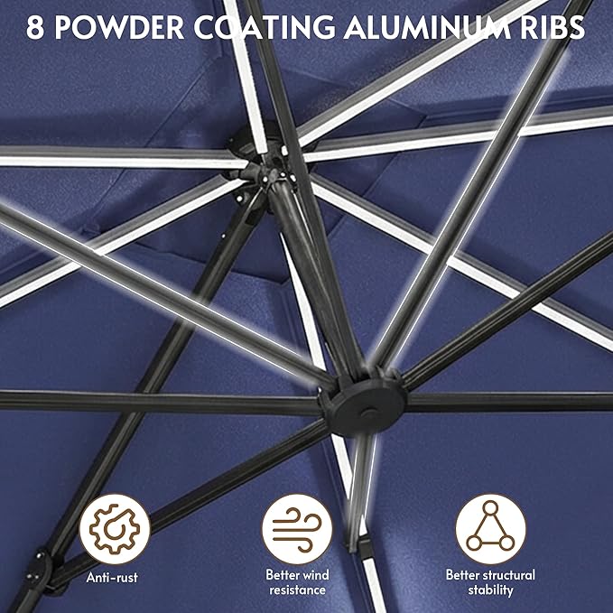 11x11FT Solar Powered LED Light Cantilever Patio Umbrella with Base Included, Large Cantilever Umbrella with 360°Rotation, Heavy-Duty Offset Outdoor Umbrella for Patio,Pool,Backyard (Navy blue)