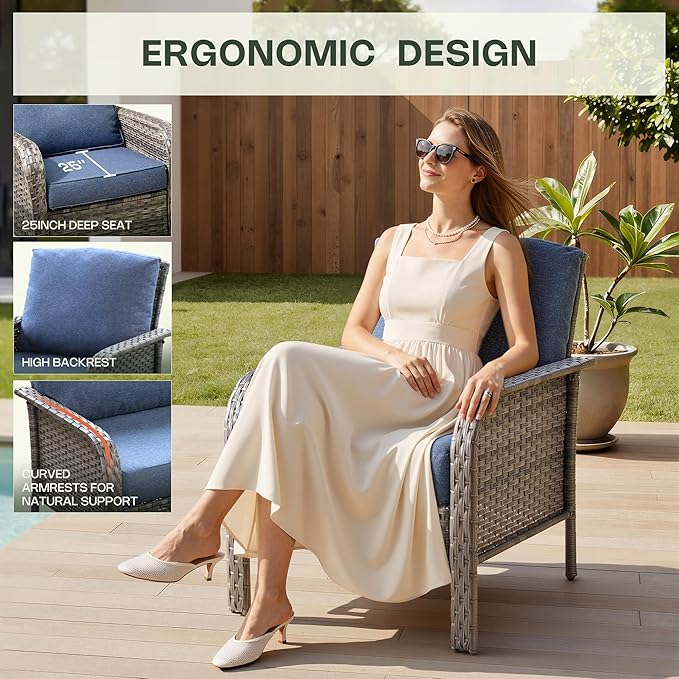 4-Piece Patio Furniture Set, Outdoor Wicker Furniture with Coffee Table, All Weather High Back Loveseat Patio Chairs, Modern Rattan Outdoor Chairs Conversation Set for Porch, Garden,Denim Blue