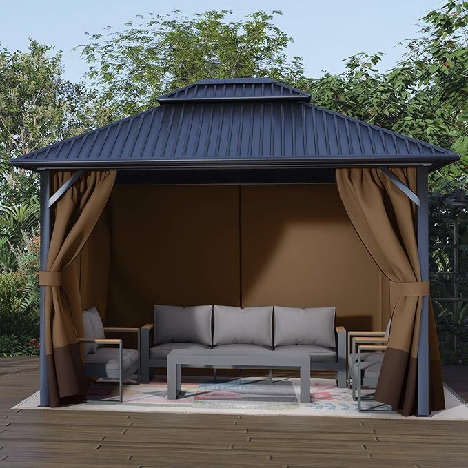 Aoodor 12x16 ft Outdoor Gazebo Curtains, 4 Panels Waterproof Privacy Sidewall Replacement with Zipper for Patio Pergola and Canopy, Brown and Coffee