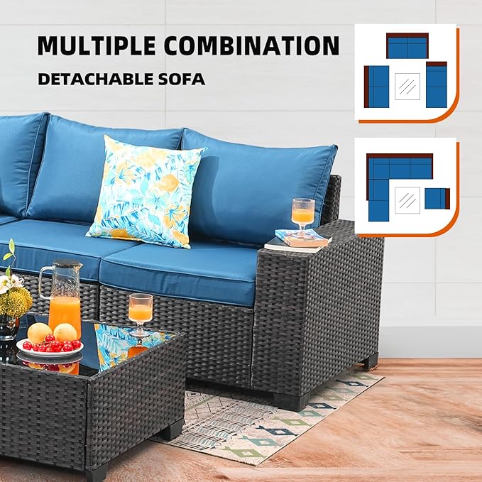 7 Pieces Patio Furniture Set,Wicker PE Rattan Outdoor Sectional with Cushion & Coffee Table, Patio Conversation Sofa for Garden, Backyard, Poolside, Peacock Blue