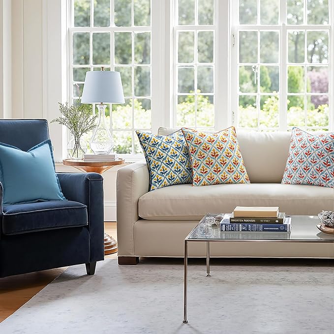 MIULEE Pack of 2 Decorative Outdoor Waterproof Throw Pillow Covers Flower Print Chic Boho Accent Pillow Covers for Square Garden Patio Cushion 18x18 Inch, Light Yellow Blue