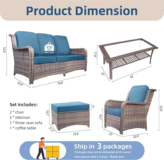 6 Piece Wicker Patio Furniture Set, High Back Chairs with Extra Thick Cushions, Outdoor Deep Seating Conversation Sets with Coffee Table & Ottomans for Deck Yard and Poolside, Peacock Blue
