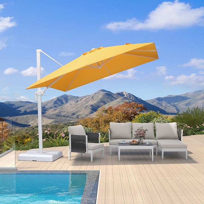 PURPLE LEAF 9 FT Patio Umbrella White Cantilever Umbrella Aluminum Square Outdoor Offset Umbrella Hanging Windproof with 360° Rotation for Garden Deck Pool, Yellow