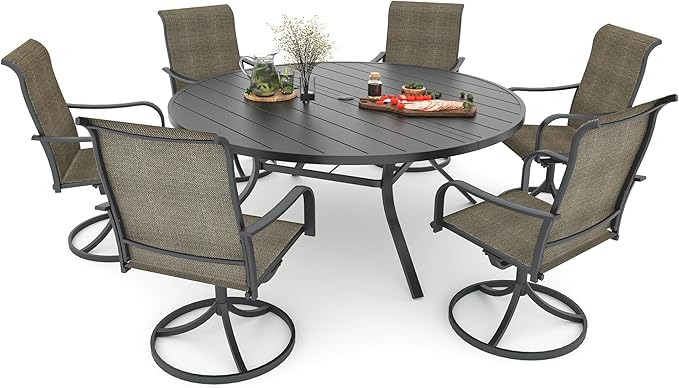 Anmutig 7-Piece Outdoor Dining Set, 58'' Round Table with 6 Swivel Chairs All Weather Furniture Set - Tan Grey Style2