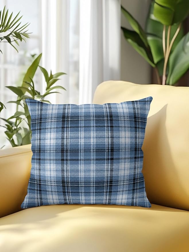 Waterproof Outdoor Pillow 1 Pack Blue Checked Plaid Decorative Throw Pillows Cover & Insert 18x18 Inch Pillowcase Stripes Woven Grid Square Pillows for Couch Sofa Bed Patio Furniture Indoor Outdoor