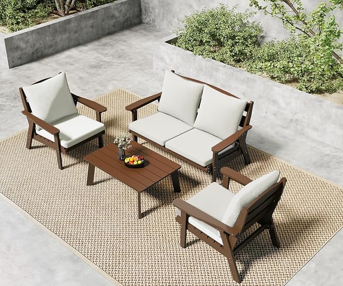 FOOWIN 4-Piece Patio Furniture Set, HDPE All-Weather Outdoor Conversation Set with Thick Cushions, Sectional Patio Sofa Furniture for Deck, Porch, Lawn, Garden, Brown Frame & White Cushion