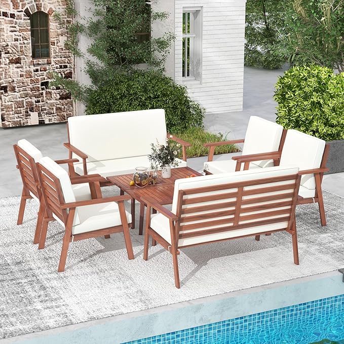 Tangkula 4 Piece Outdoor Conversation Set, Acacia Wood Sofa Set with Soft Seat & Back Cushions, Rectangle Coffee Table Patio Wood Furniture Set for Backyard, Poolside, Garden (2, Off White)