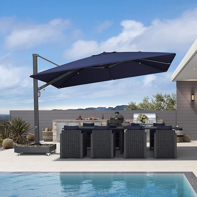 PURPLE LEAF 12' X 9' Space Saving Rectangle Patio Umbrella Large Outdoor Aluminum Offset Umbrella with 360-degree Rotation Cantilever Umbrella for Garden Deck Backyard Pool Navy Blue
