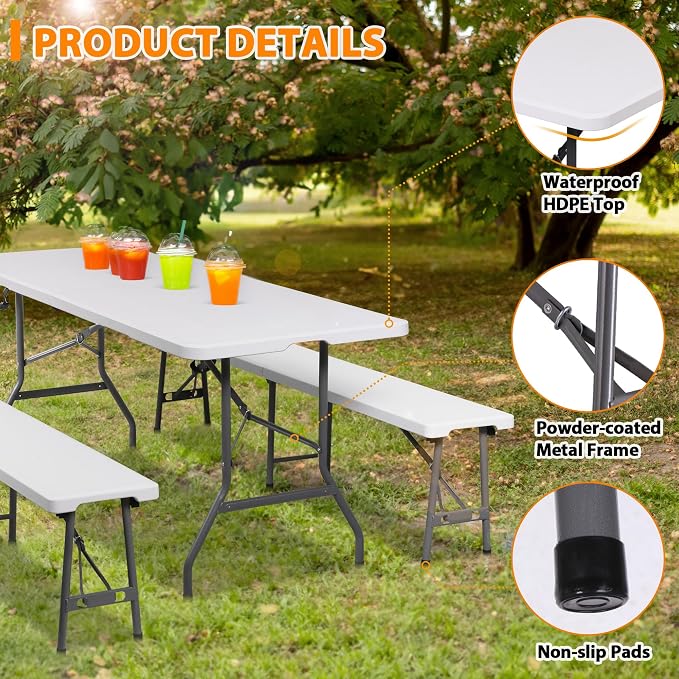 SUPER DEAL Folding Table Set with 2 Benches, 6 FT Camping Picnic Table Set, Outdoor Indoor Portable Furniture for Working Meeting Wedding Party w/Handle and Safety Lock, White