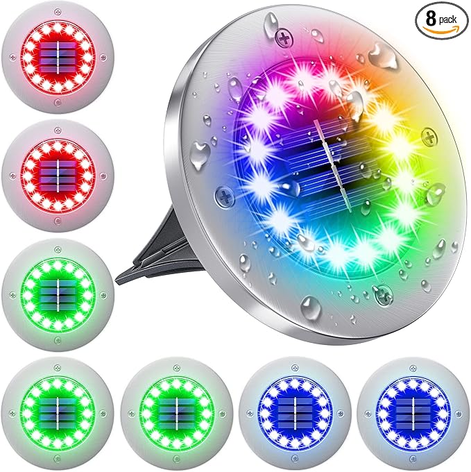 NFESOLAR Solar Lights Outdoor with 16 LEDs, 8 Pack Bright Multi-Color Solar Ground Lights Outdoor Waterproof for Pathway Garden Yard Lawn Walkway Halloween Christmas Decorations
