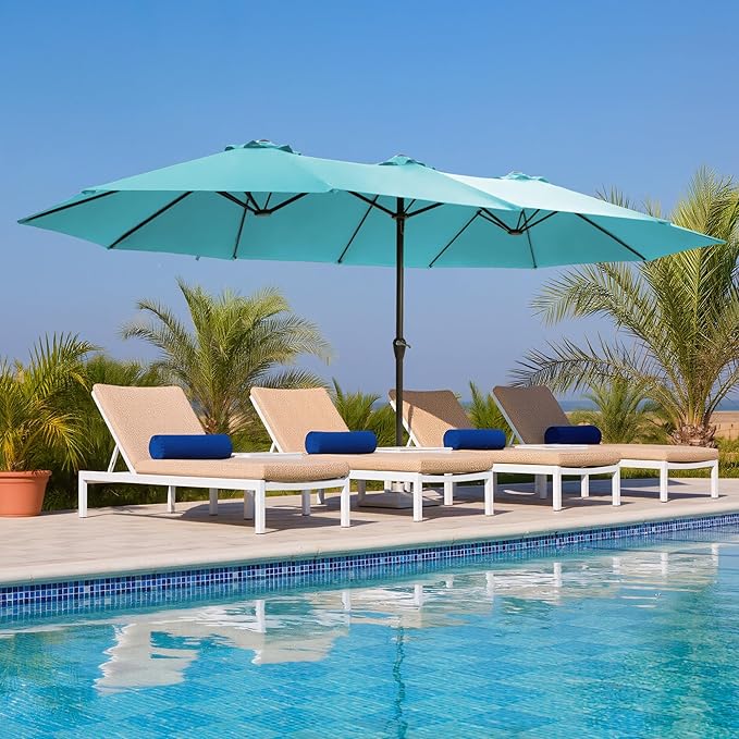 Ayge 15FT Patio Umbrella with Base,Large Outdoor Double-Sided Rectangle Umbrella with Crank Handle, Market Umbrella for Poolside Garden Deck Backyard Beach Pools,Light Blue