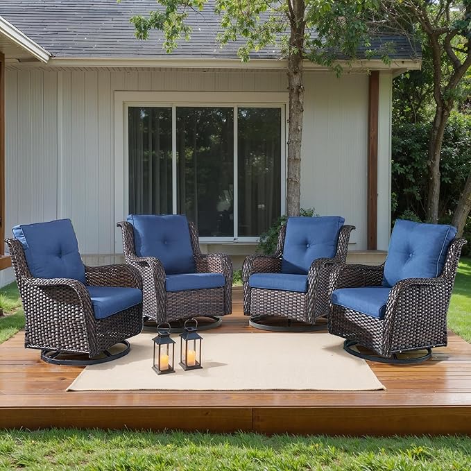 HUMMUH Outdoor Swivel Rocker Wicker Patio Chairs High Back PE Rattan Glider Chairs 4PCS Patio Furniture Set(Brown,Blue)