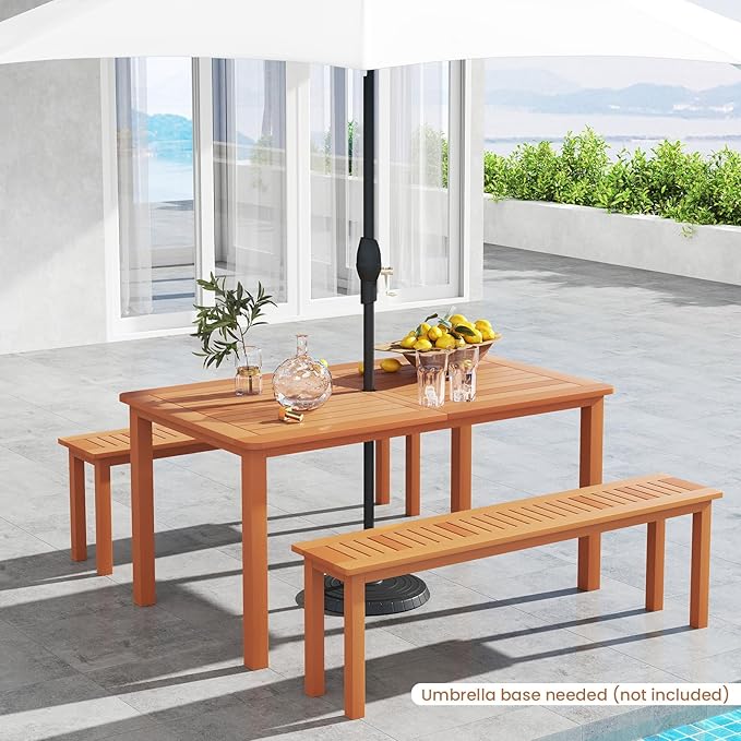 Tangkula Set of 3 Patio Dining Set for 4, Solid Wood Dining Table with 2 Benches, Outdoor Table Bench with 2” Umbrella Hole & Teak Oil Finish, Dining Furniture Set for Yard, Deck, Porch, Indoors