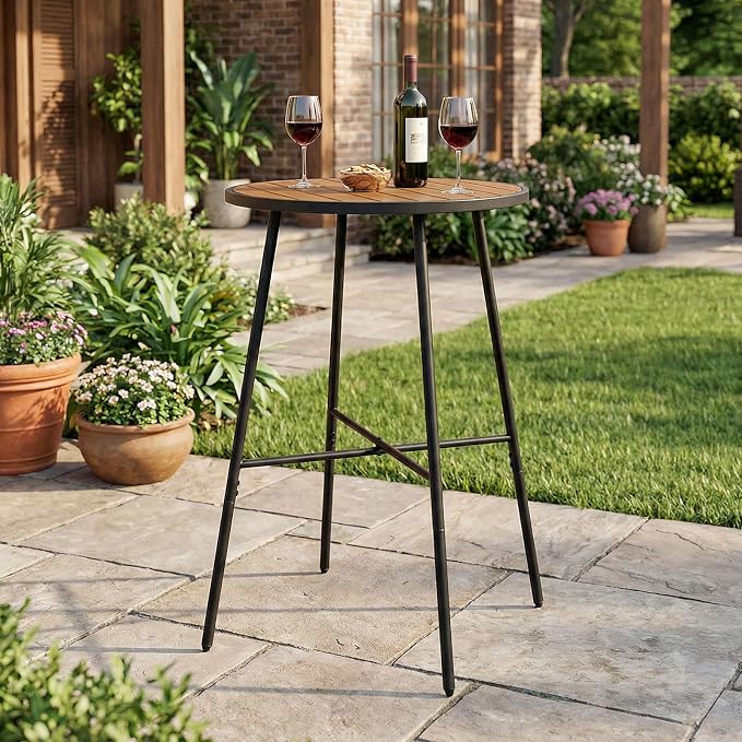 Giantex 41-inches Patio Bar Table, Acacia Wood Pub Table with Heavy-Duty Metal Frame, X-Shaped Support Bars, Adjustable Foot Pads, Round Cocktail Tables for Outdoor, Bistro, Balcony, Gathering