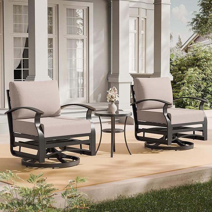 3 Piece Aluminum Swivel Rocking Chair Set, Outdoor Patio Swivel Gliders Chair with Glass Top Coffee Table, Conversation Furniture Set Suitable for Patio, Lawn, Outdoor, Back Garden(Brown)