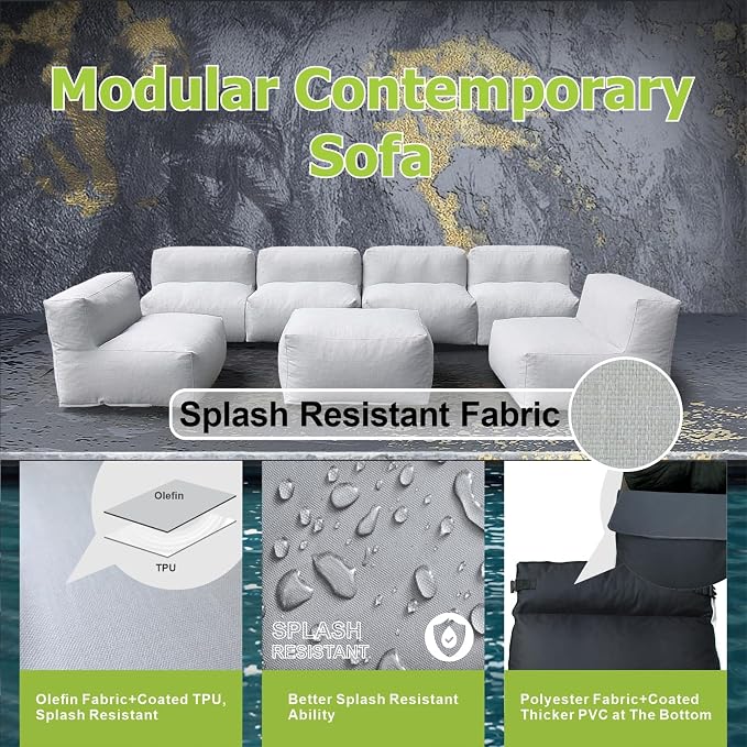 ANNYH CALALUNA 7Pc Patio Garden Furniture Sectional Conversation Set. Combines 6 Middle Chairs, 1 Ottoman/Coffee Table Outdoor Exp Foam Filled Chairs A Unique Modular Contemporary Sofa (Cloud Gray)