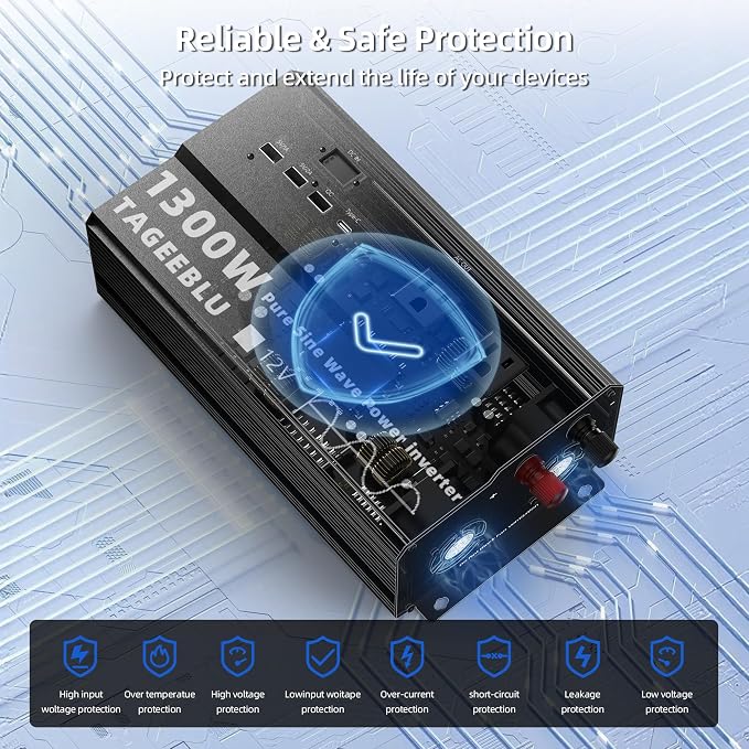 Pure Sine Wave Inverter [1300W] - 2600W Surge, 12V DC to 110V AC Heavy Duty Power Inverter for RV, Truck, Home, Solar, Off-Grid, Outdoor, Car Converter with 4 AC Outlet & 4 USB (30W QC & PD)