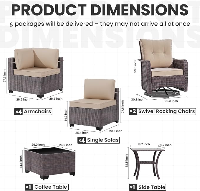 13 Pieces Outdoor Patio Furniture Set,Outdoor Sectional Furniture with 43" 55000 BTU Gas Propane Fire Pit Table,PE Rattan Wicker Patio Conversation Set,Swivel Rocking Chairs Set,Sand