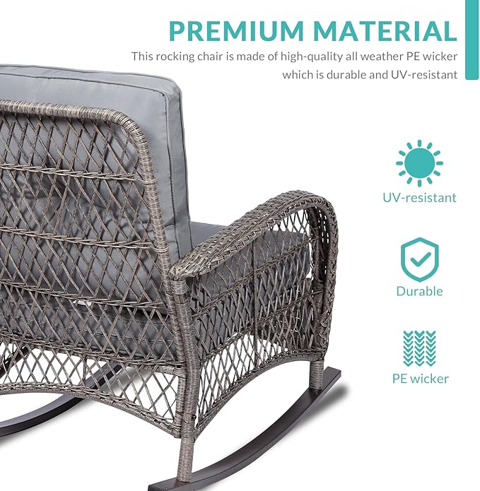 MEETWARM 5-Piece Outdoor Patio Set - Conversation Set with Glider Loveseat, 2 Armchairs & Glass-Top Coffee Table, Thickened Cushions, Gray