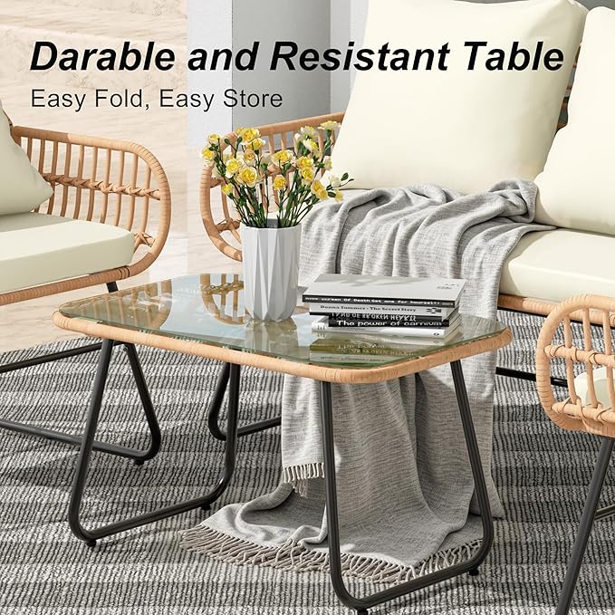 LEX CRAFT 4-Piece Outdoor Patio Furniture Set with Cushions & Tempered Glass Table, All-Weather Rattan Bistro Set with Loveseat Chairs Table Soft Cushions for Garden, Porch, Backyard (Beige)