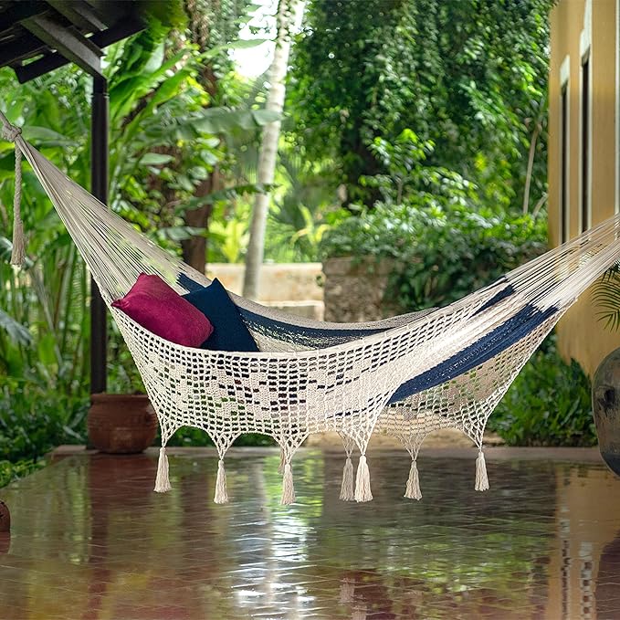NOVICA Blue and White Striped Hand Woven Cotton Mayan 2 Person XL Rope Hammock with White Crochet Fringe with Hanging Accessories, 'Riviera Romance' (Double)