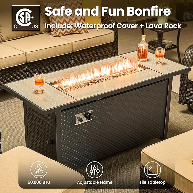 ovios 10-Piece Patio Furniture Set with Swivel Chairs Coffee Table, Outdoor Wicker Sofa with 54" Fire Pit Table, High Back Couch Modern Conversation Sets, Brown/Beige