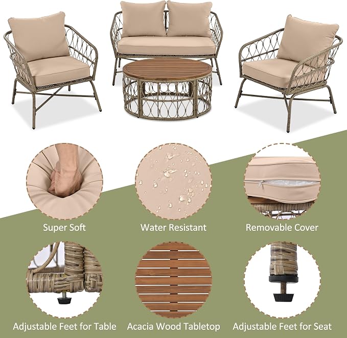 Merax 4-Piece Bohemian Patio Furniture Set, Outdoor Wicker Conversation Set with Single & Loveseat Chairs, Removable Cushions, Wood Tabletop Coffee Table for Garden, Backyard, Balcony, Porch, Poolside