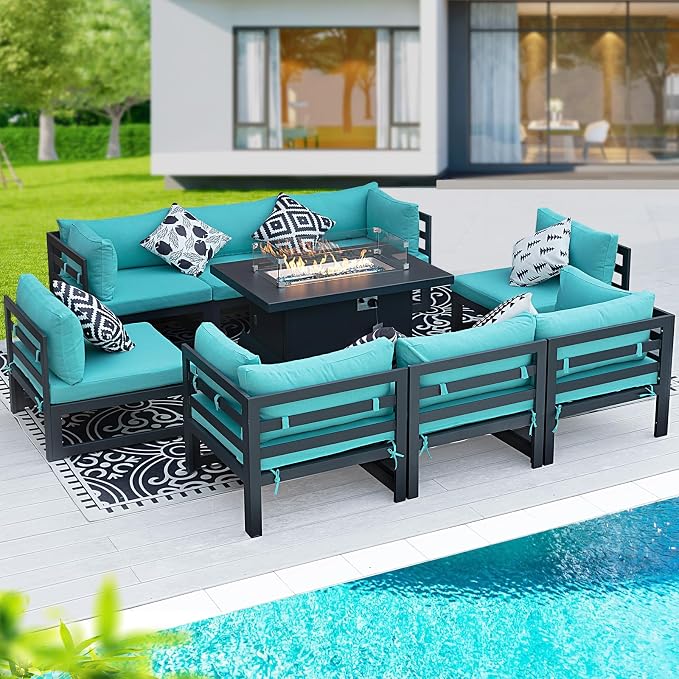 BULEXYARD 8 Person Modern Aluminum Outdoor Patio Furniture Set with Fireplace, 29 inch Wide Deep Seating, Fade Resistant L-Shaped Sectional Couch, Plus Size Conversation Set for Backyard Terrace, Teal