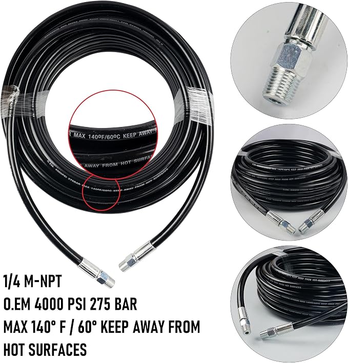 Hourleey Sewer Jetter Kit for Pressure Washer 200FT, Drain Cleaner Hose 1/4 Inch NPT, Orifice 4.0 Button Nose and Rotating Sewer Jetting Nozzle Spanner Tape Pearl Corsage Pin, 4000 PSI