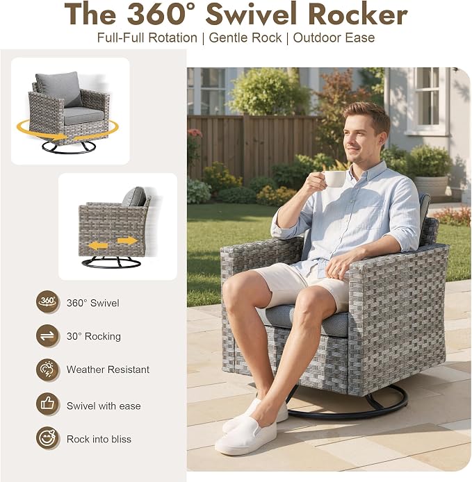 9 Pieces Patio Furniture Set, Wicker Outdoor Sectional Sofa with Swivel Chair Comfy Cushions, Modern Modular Deep Seat Rattan Couch Conversation Set for Backyard Porch Yard,Dark Grey