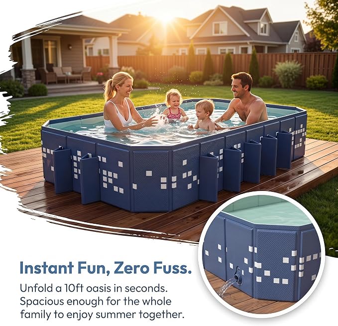 Foldable Pool Non-Inflatable, 122"×65"×20" Extra Large Collapsible Swimming Pool for Kids Adults, Hard PVC Board, 14 Triangle Supports, Family Backyard Outdoor Pool, Blue