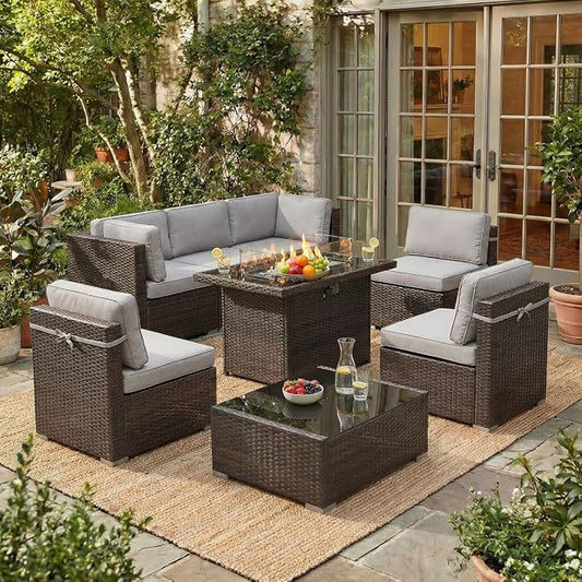 LayinSun 8 Pieces Outdoor Patio Furniture Set with 44" Fire Pit Table Brown Rattan Sectional Sofa Conversation Sets