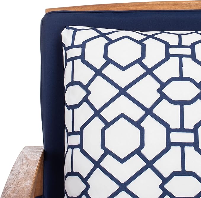 SAFAVIEH Outdoor Collection Fontana Natural/ Navy Blue Cushions/ Geometric Pattern Pillows 4-Piece Conversation Patio Set