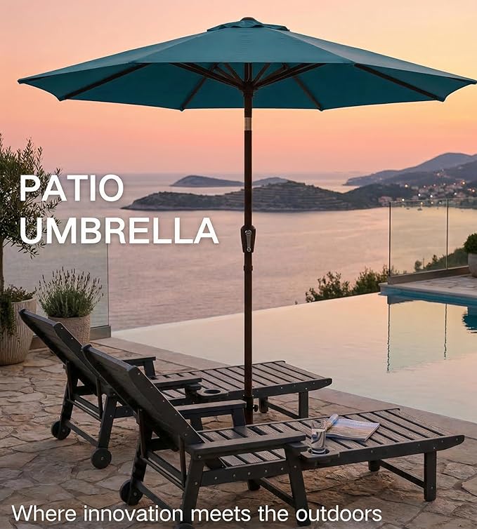 PatioKingdom 9FT Patio Outdoor Umbrella-UPF 50+ Sun Shade with Wind Vent, Push-Button Tilt & Smooth Crank Lift, Rust-Resistant Fiberglass Frame for Garden, Backyard,Yard (Lake Blue)